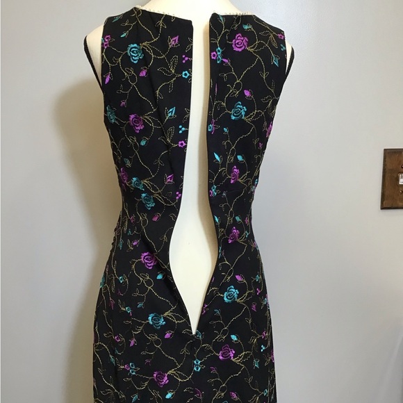 Vintage 90s Nicole Miller Floral Midi Embroidered Lace V-Neck Black Dress Size 8 - Picture 10 of 16
